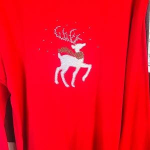 ladies long sleeve red knit top with gorgeous detailing of silver reindeer...
